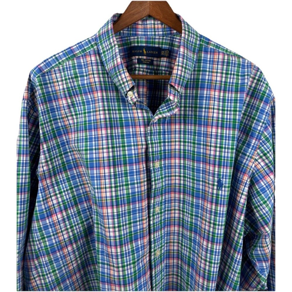 Ralph Lauren Button Up Long Sleeve Shirt Mens 2XB Big Preppy Blue Plaid Stretch